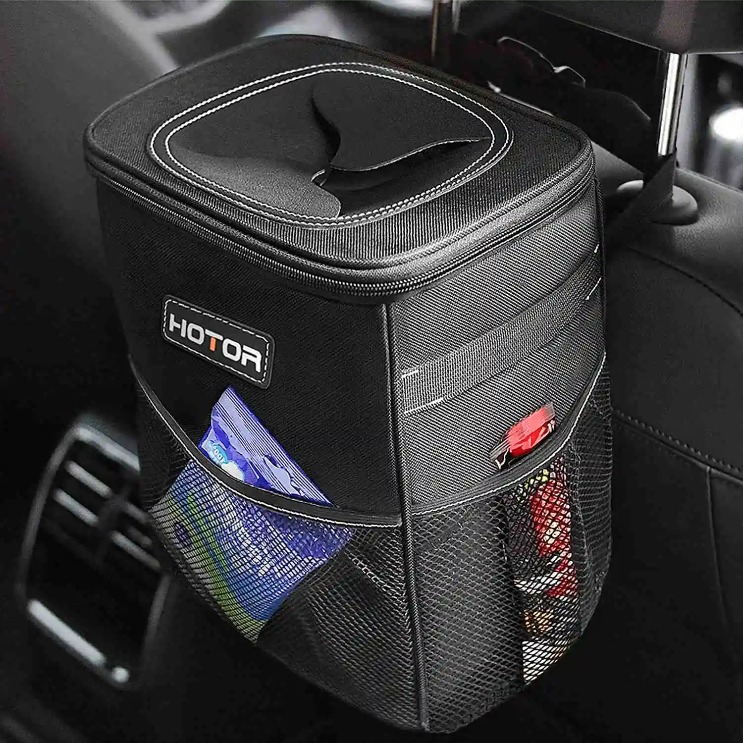 Car Trash Can with Lid and Storage Pockets 100% Leak-Proof Car Organizer Waterproof Car Garbage Can Multipurpose Trash