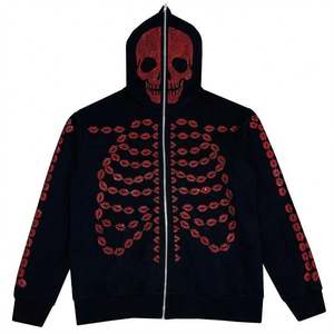 Factory Skeleton Zip up Hoodies Men Rhinestone Skull Graphic Print Gothic Oversized Full Face Zip up Jackets Sweatshirt Hoodie - Product Image 2