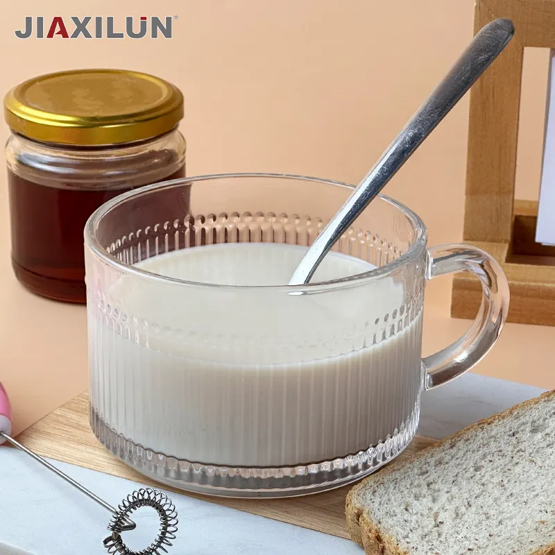 Becher aus Glas mit gestreiftem Frühstückstassenrand in Gold lackiertes durchsichtiges verdicktes Design stark und stabil für Milch Cola