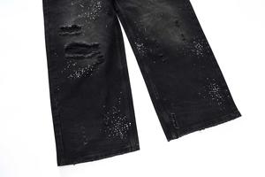 Broken Patch Shiny Diamond Street Fashion Trend Style Cintura elástica Casual Hombres Negro lavado Pierna recta Pierna ancha Jeans para hombres - Product Image 5