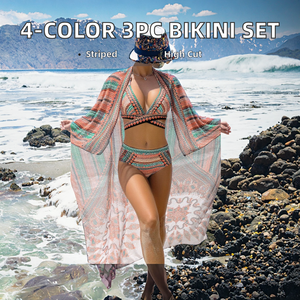 Conjunto de Bikini de 3 Piezas para Mujer, Estampado de Leopardo y Rayas, Cintura Alta, Top Cruzado, Pareo, Spandex/Poliéster, Disponible - Product Image 2