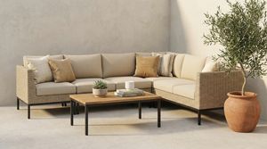 Ensemble de canapé de jardin en rotin tressé beige PE avec table basse en bois de teck et structure en aluminium noir thermolaqué - Product Image 2