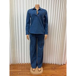 Neue Damen Langarm Revers Tasche Top Krawatte Straight Pants Denim <span class=keywords><strong>2</strong></span>-teiliges Set Sehe Fashion - Product Image 6