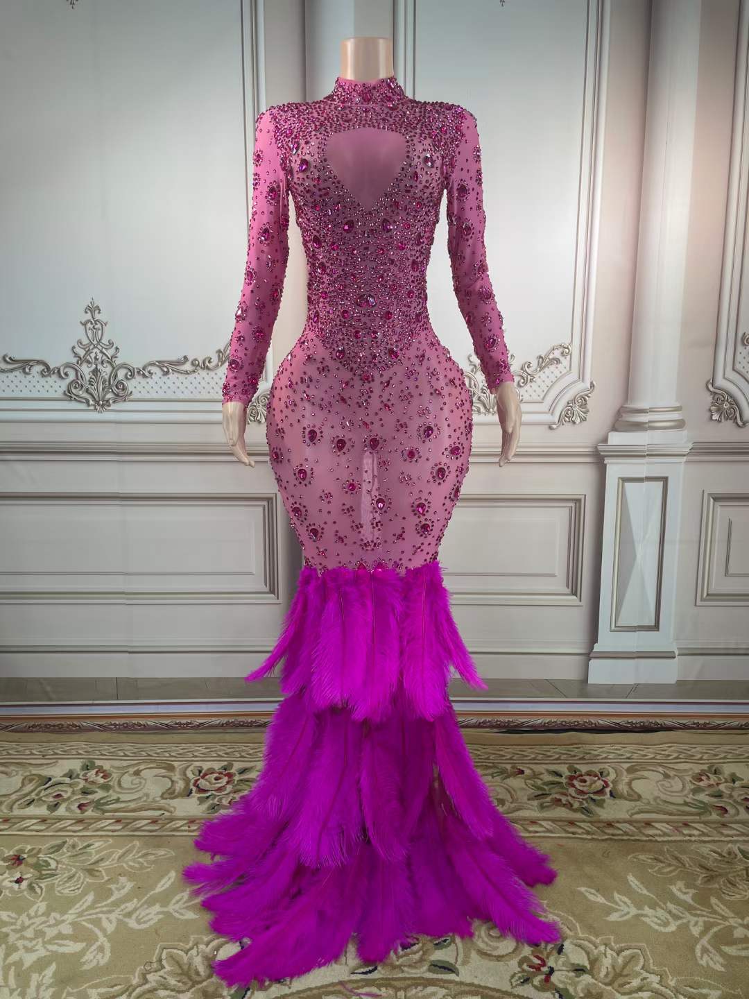 Elegant Evening Dress with Crystal Mesh and Maxi Feathers