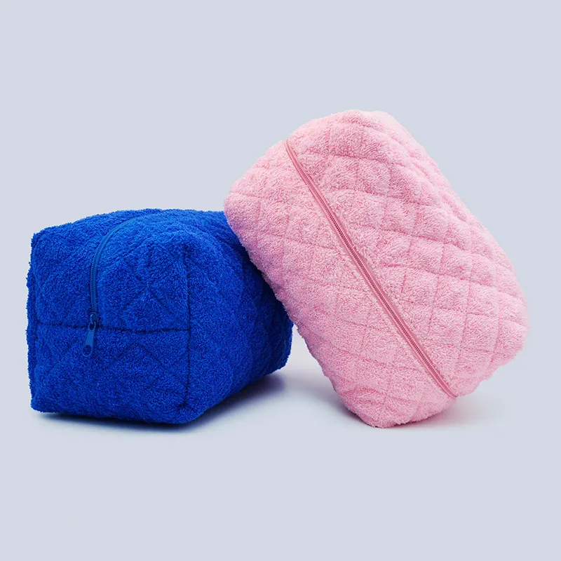 Custom Quilted Terry Cosmetic Organizer Bag Soft Cloth Teddy Travel Makeup Bag Checkered Pattern Makeup Bag