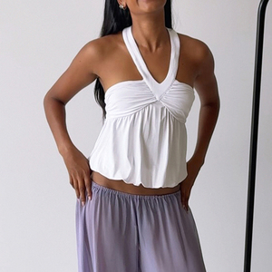 Top décontracté uni à col halter, cintré à la taille, ample, sans bretelles, sexy, dos nu, patchwork, coupe trapèze - Product Image 3