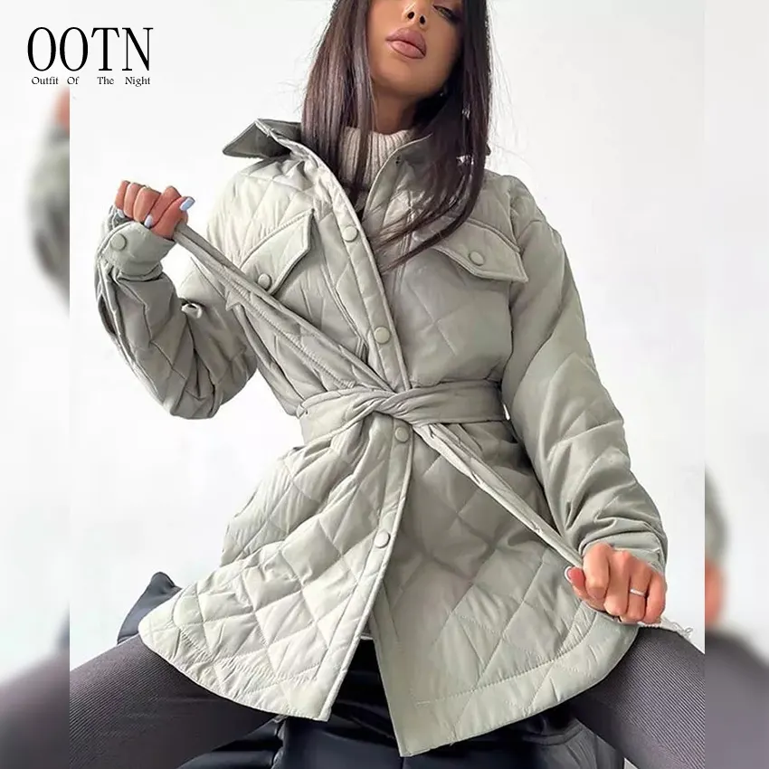 OOTN Casual Turn Down Collar Belt Straight Overcoat Office Lady Outwear Woman Clothes Padded Long Lingge Women's Winter Jacket