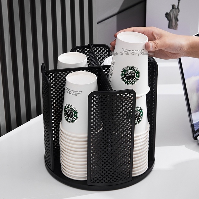 Plastic Rotating Paper Cup Dispenser with 4 Compartments Disposable Beverage Cup Storage and Lid Holder for Countertops