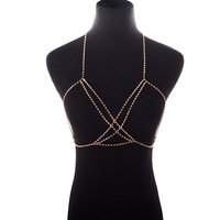 Vente directe d'usine Bijoux fantaisie pour femmes Chaîne de poitrine sexy Croix Strass Collier de poitrine Chaîne de corps croisée