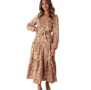 준비 재고 있음 Stocklot 여성 동물 표범 인쇄 비치 드레스 주교 슬리브 V 넥 계층 미디 드레스