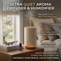 Diffuseur d'arômes ultrasonique en tissu de lin premium à motif bois, veilleuse chaude, humidificateur à brume froide pour chambre, bureau et maison