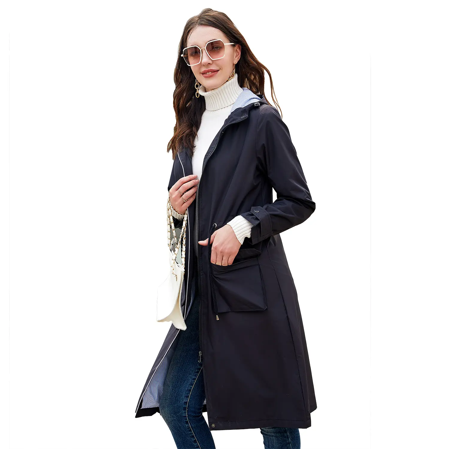 women's long sleeve causal trench coat fashionable water-proof hoodie trench coat for women