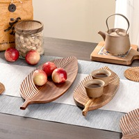 Assiettes en bois en forme de feuille, style japonais, écologiques, en noyer d'Amérique du Sud, avec motif végétal