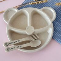 Ensemble de vaisselle pour bébé : bol, cuillère et fourchette, motif ours de dessin animé, assiette d'apprentissage anti-chaleur en paille de blé pour enfants