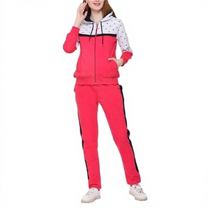 Ensemble de survêtement 2 pièces à capuche pour femme, color-block, manches longues, coupe sportive régulière, motif à pois, rouge, noir, blanc, tricoté, respirant - Product Image 1