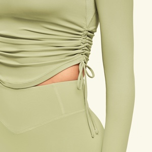 Women's Ruched Drawstring Side Tee <b>Long</b> <b>Sleeve</b> Slim Fit Crop Top Soft Polyester Yoga <b>Set</b> with Yoga T-Shirt - Product Image 3