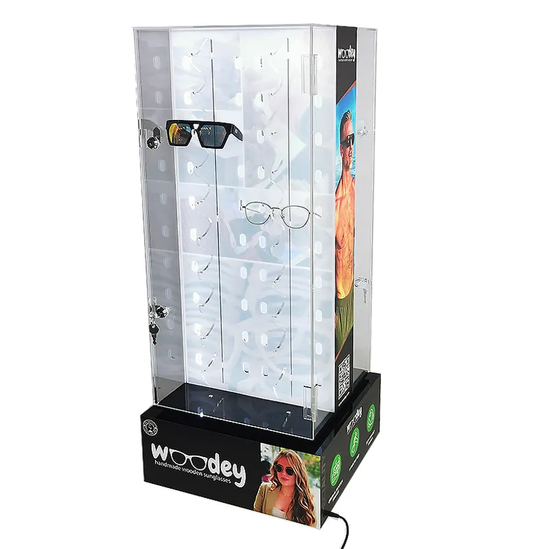 Multi Function Display 2 Doors 40 Sunglasses Acrylic Eyewear Display Stand LED Light Cell Phone Accessories Display Stand