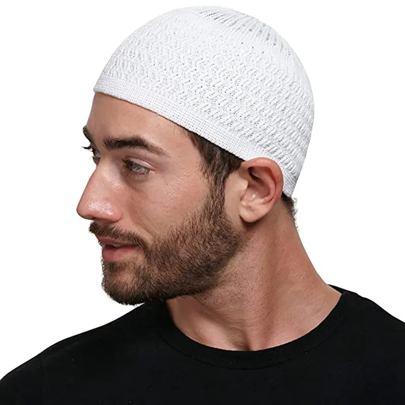 Topi Kufi rajut Muslim Islami, topi Kufi rajut warna polos elastis untuk pria