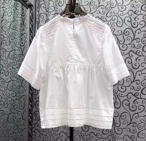 100% Baumwollblusen Hemd 2026 Frühling Sommer Designer Mode Damen Perlen-Deko Kurzarm Weiß Schwarz Rosa Lässiges Vintage-Oberteil - Product Image 4