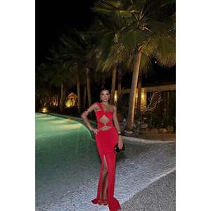 Robe de soirée de luxe rouge Aymil, col montant, taille empire, ajustée, ornée de perles, pour banquets et invités de mariage, XL, longueur ras du sol, coupe trapèze, avec fente - Product Image 6