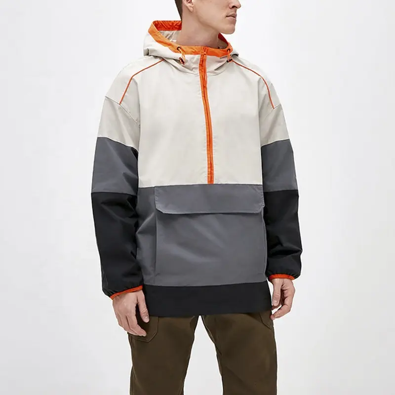 OEM Half Placket Color Contrast Windbreaker Fashion Streetwear Zip Up Nylon Windproof Oversized Wholesale Hooded Anorak Jacket