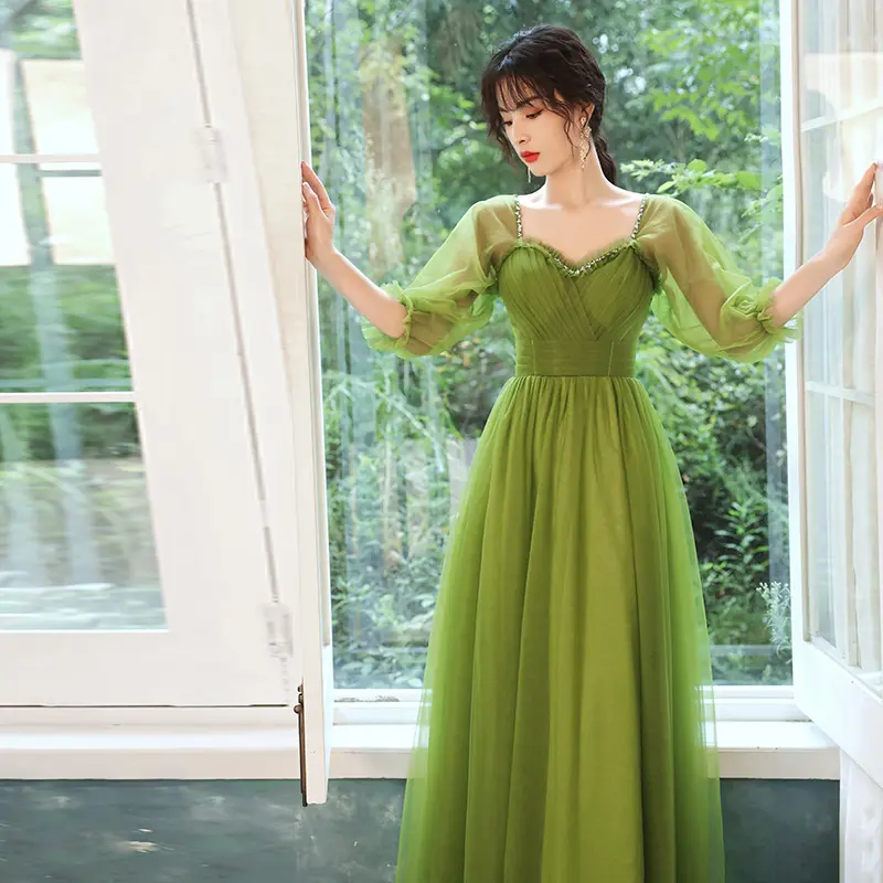 Vestido de noche de gasa de talla grande para mujer, elegante, verde, para boda, graduación, a la moda