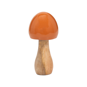 Scultura a forma di fungo in legno di mango con cappuccio arancione e gambo naturale, pezzo decorativo per la casa - Product Image 1