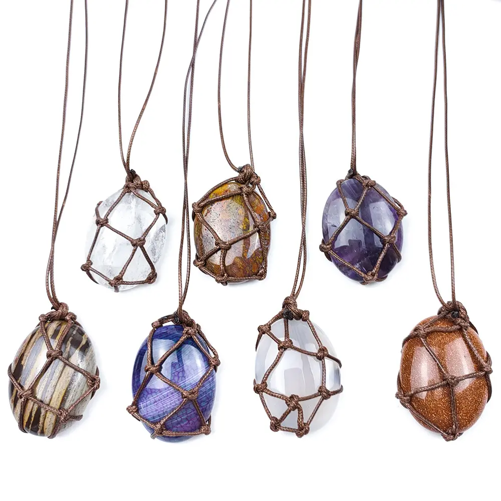 Natuurlijke Kristal Ovale Vorm Hanger Met Gevlochten Touw Sieraden Crystal Stone Hanger Ketting