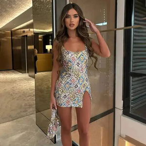 Mini Abito Estivo Senza Schienale Vestidos Donna 2026 Elegante Abito da Festa con Motivo a Diamanti Colorati e Paillettes, Spacco Sexy - Product Image 4
