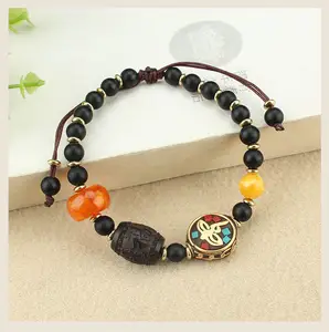 Ethnic Style Natural Ebony Prayer Bracelet Hand Woven Wooden Glass Artistic Retro Jewelry Wealth Healing Hand String Bangles