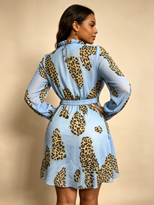 Mini-robe imprimée léopard à volants, col haut, découpe en forme de clé, manches longues, en mousseline de soie, coupe trapèze, courte, pour femmes - Product Image 3