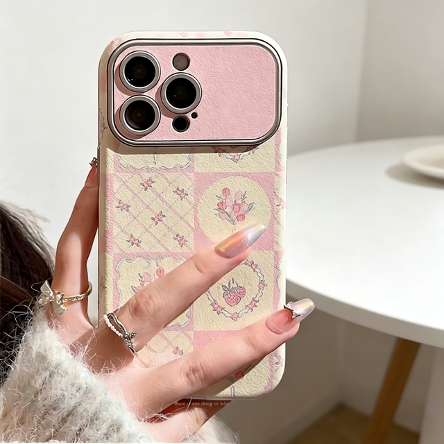 Spring Plaid Floral Silver Artificial Leather Painted Mobile Phone Case for iPhone 17Promax/16 15 14 13 12 11 Cute Case