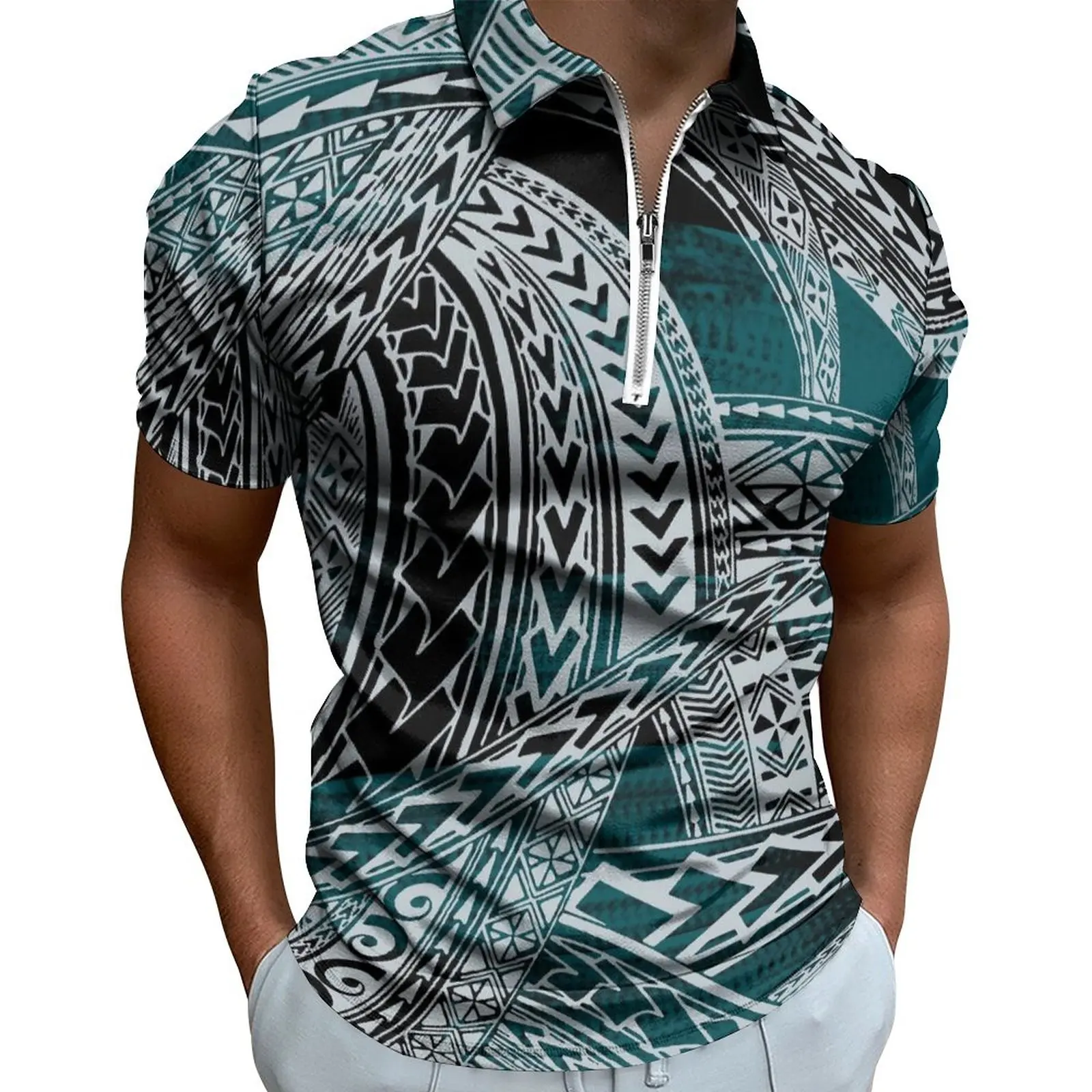 새로운 디자인 samoan 남자 캐주얼 폴로 셔츠 사용자 정의 로고 큰 크기 남자 셔츠 지퍼 폴로 목 짧은 소매 탑 폴리네시안 폴로 셔츠