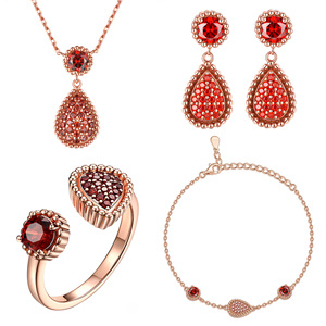 Conjunto de joyería de plata de ley S925, conjunto de 4 piezas, pendientes de oro rosa europeo y americano de gama alta, collar de anillo abierto con gota de agua Ins - Product Image 1