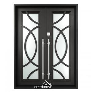 Portes d'entrée doubles en fer forgé noir minimaliste moderne et antivol en verre pour maison, villa, appartement, hôtel - Product Image 6