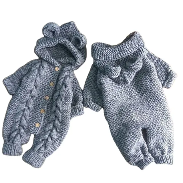 Вязаный свитер и комбинезон для новорожденных, зимняя одежда, комбинезон с капюшоном в виде медведя, полный комплект одежды для малышей, унисекс, пуговицы