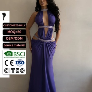 Nuevo Estilo 2026 Vestido Maxi Morado Halter para Mujer con Escote en V Profundo, Cintura Recortada, Detalles Metálicos, Ajustado, Vestido Formal de Gala, OEM Personalizado - Product Image 1
