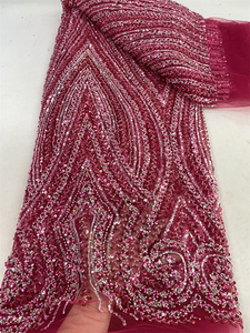 Tessuto in Pizzo Pesantemente Decorato con Perline, Tessuto Africano Nero con Perline, Pizzo di Lusso in Tulle per Abiti da Sposa - Product Image 4