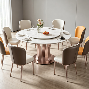 Table à manger ronde moderne en pierre frittée avec plateau rotatif, 6 chaises rembourrées, design minimaliste durable pour la salle à manger - Product Image 1