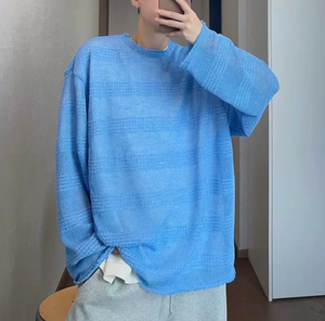 เสื้อยืดผู้ชายแขนยาวคอกลมแต่งชายครุยสีฟ้าอ่อนสไตล์ญี่ปุ่นแบบสบายๆ น้ำหนักเบา ระบายอากาศได้ดี - Product Image 1
