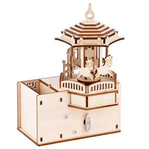 Puzzle 3D en bois pour enfants, carrousel rotatif, mécanisme à ressort, boîte à musique, porte-stylo, modèle 51-100 <span class=keywords><strong>pièces</strong></span>, <span class=keywords><strong>maison</strong></span> à anneaux magiques - Product Image 1