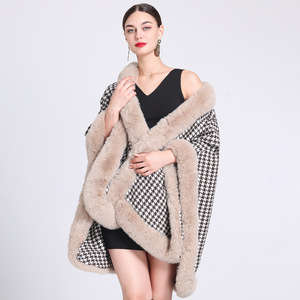 Hiver Femmes Lapin Fourrure Trim <span class=keywords><strong>Pied</strong></span> <span class=keywords><strong>de</strong></span> <span class=keywords><strong>Poule</strong></span> Cape Châle Laine Fausse Fourrure <span class=keywords><strong>Poncho</strong></span> - Product Image 4