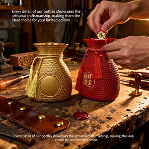Bouteille de vin en verre en forme de sac porte-bonheur 500 ml avec estampage à chaud pour <span class=keywords><strong>Tequila</strong></span>, Brandy et boissons énergisantes – Estampage Or, Origine Shandong - Product Image 4