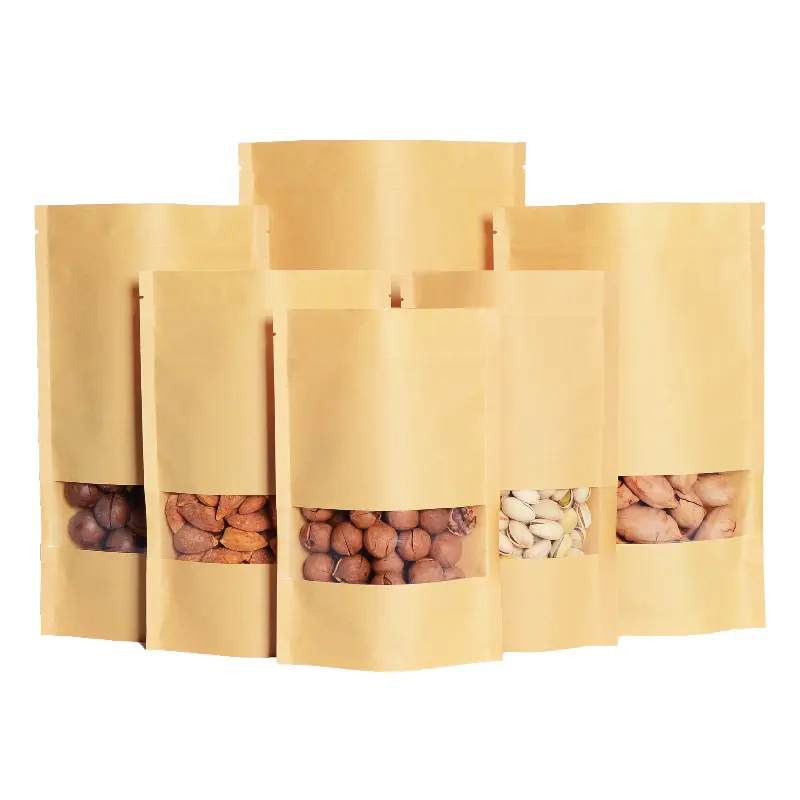 Custom Resealable Ziplock Stand up Pouch Clear Window Tea Coffee Snack Packaging Food Kraft Paper PLA PBAT Bag