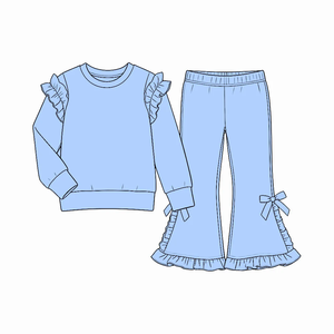 Vente directe d'usine, ensemble pantalon long et manches longues pour bébé fille, couleur unie, coton, nœuds, volants, vêtements assortis pour enfants - Product Image 3