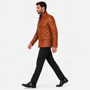 Blazer homme en cuir véritable, col mandarin, coupe ajustée, marron, simple boutonnage, logo sur le devant - Product Image 3