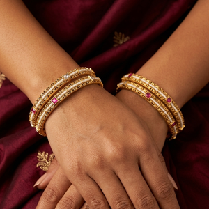 Traditional Imitation Trendy Slim Gold Plated Brass Bangle Set White Pearls Pink <b>Ruby</b> Stones for Women Girls Wedding Set 4 - Product Image 1