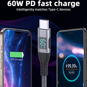 Câble de charge rapide Type-C vers Type-C 60W avec affichage numérique intelligent et gaine en nylon tressé pour téléphones mobiles et tablettes - Product Image 4