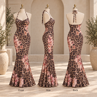 Robe longue OEM pour femme en maille extensible, imprimé animalier et floral, buste froncé, col licou, coupe sirène moulante, pour occasions spéciales