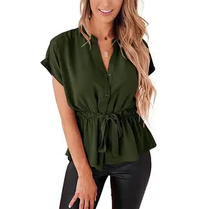 Blusas con botones verde militar para mujer, blusas informales Peplum de verano, blusa de trabajo elegante, camisas de talla grande al por mayor personalizadas